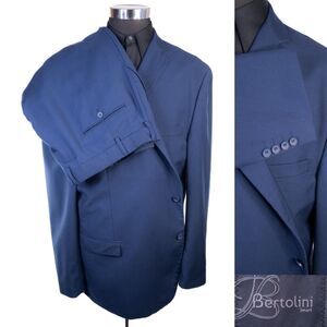 Bertolini 3-Pcs Suit Solid Blue Jacket/Vest/Pants Jacket Sz 56L Pants 44X28
